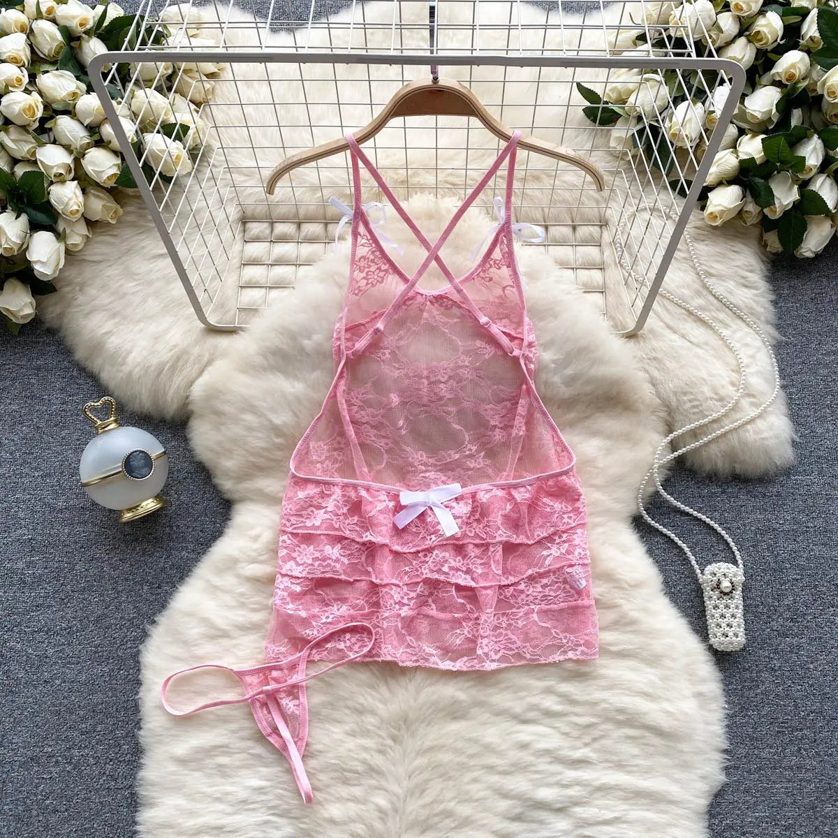 Cross Strap Transparent Lace Short Dress Backless Hollow Bow Irregular Nightgown Sweet Sexy Women's Pajamas Nightwear Nightdress