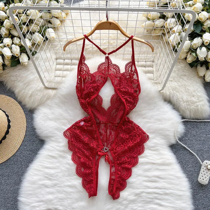 Hollow Backless Strap Playsuit Deep V-Neck Transparent Lace Slim Bow Bodysuit Sexy Lingerie Women's Pajamas Nightwear Rompers