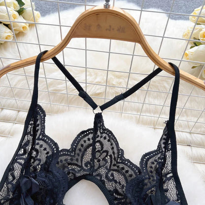 Hollow Backless Strap Playsuit Deep V-Neck Transparent Lace Slim Bow Bodysuit Sexy Lingerie Women's Pajamas Nightwear Rompers