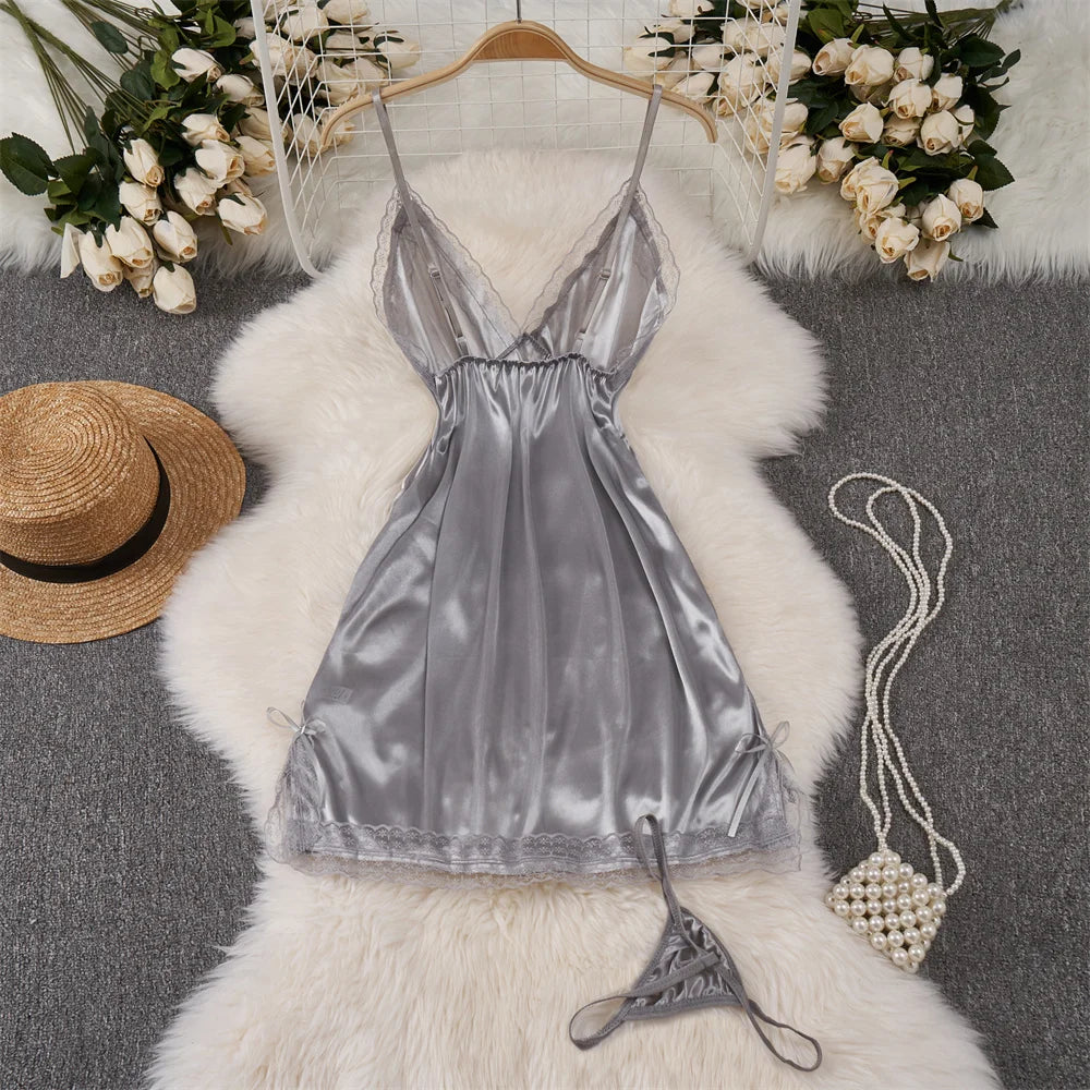 Deep V-neck Slim Fit High Waist Strap Dress Lace Patchwork Satin Sleepwear Sexy Elegant Retro Sleepdress Sleepwear Women Pajama