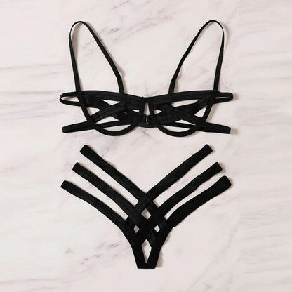 Bondage Harness Lingerie Set Womens Elastic Hollow Out Bra Sets Black Cupless Cage Bra Thong Sexy Intimates Exotic Underwear