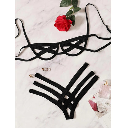 Bondage Harness Lingerie Set Womens Elastic Hollow Out Bra Sets Black Cupless Cage Bra Thong Sexy Intimates Exotic Underwear