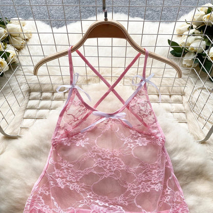 Cross Strap Transparent Lace Short Dress Backless Hollow Bow Irregular Nightgown Sweet Sexy Women's Pajamas Nightwear Nightdress